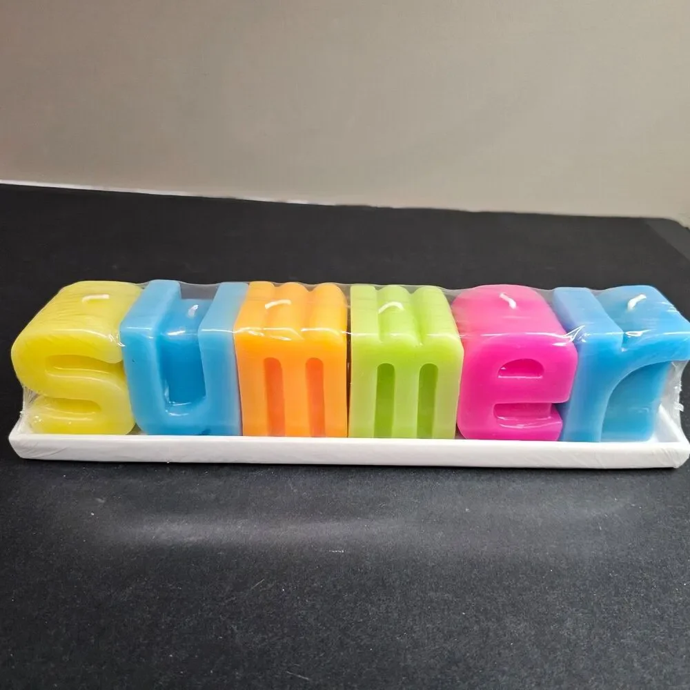 Vtg Summer Word Colorful Decorative Candle w Plate NIP